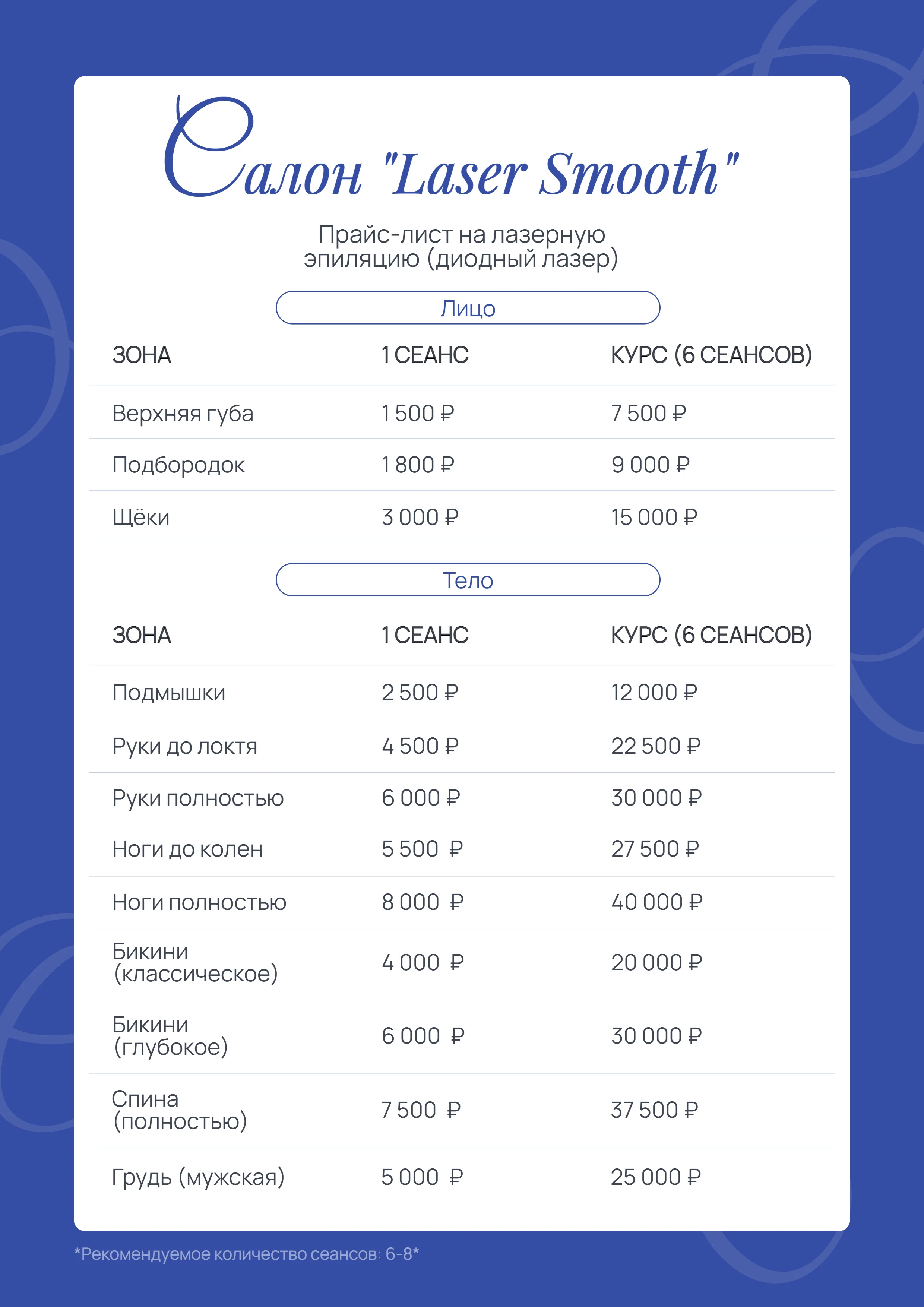 Прайс-лист для студии лазерной эпиляции